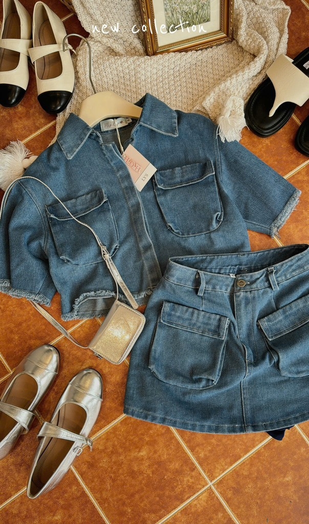 Set sơ mi jean tưa chân váy