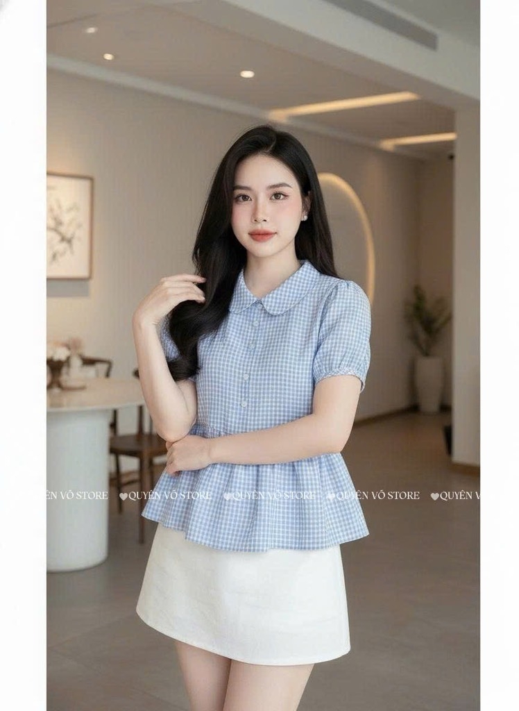 Áo sơ mi babydoll caro xanh dương
