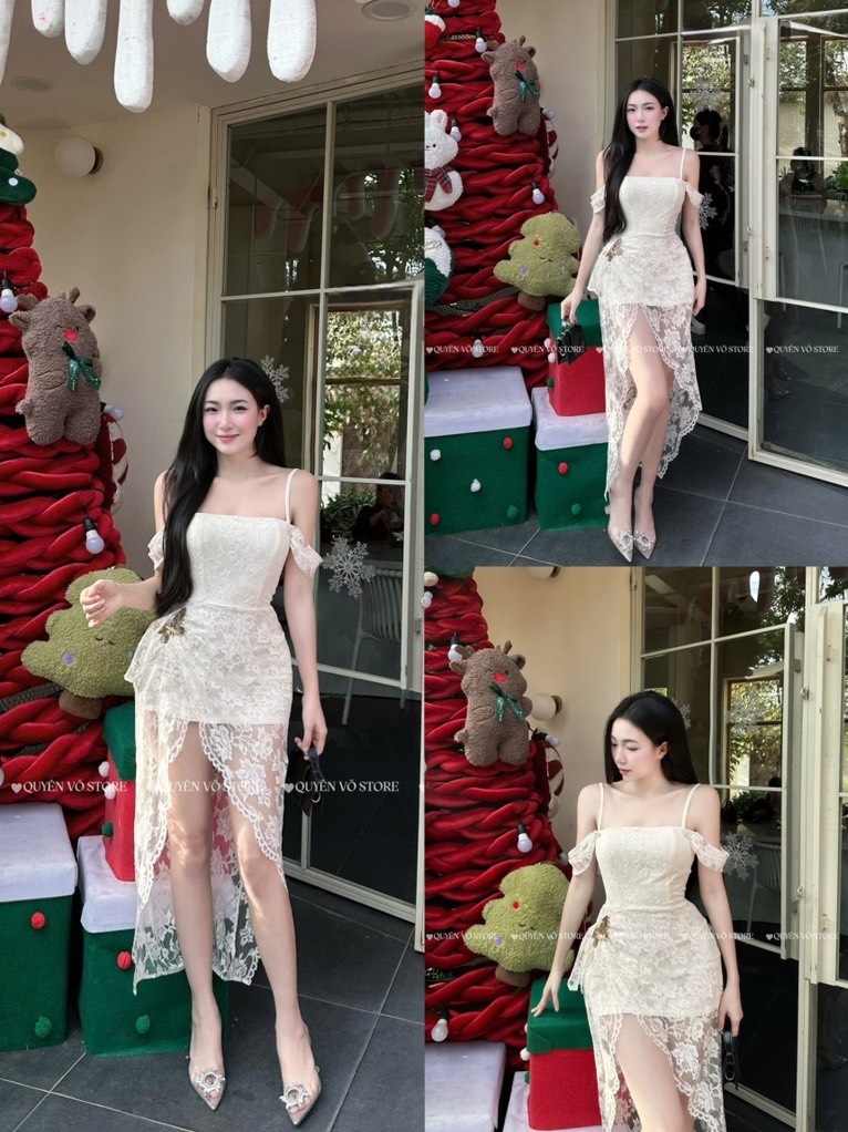Đầm ren ôm body trễ vai - Kem