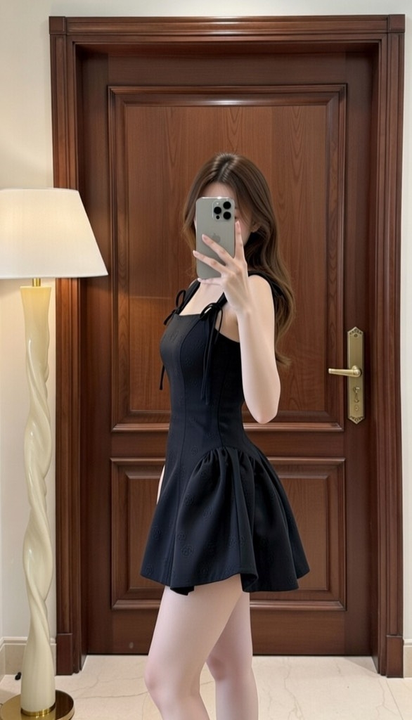 Đầm 2 dây bản cột nơ - Đen