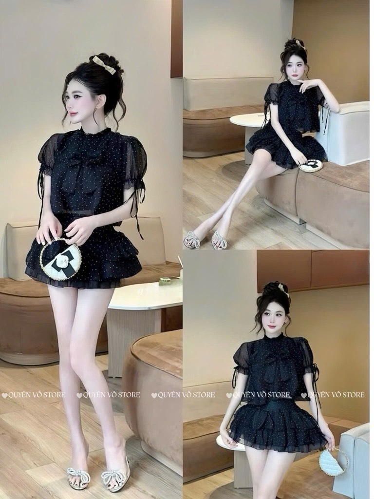 Set chấm bi nơ tiểu thư - Đen