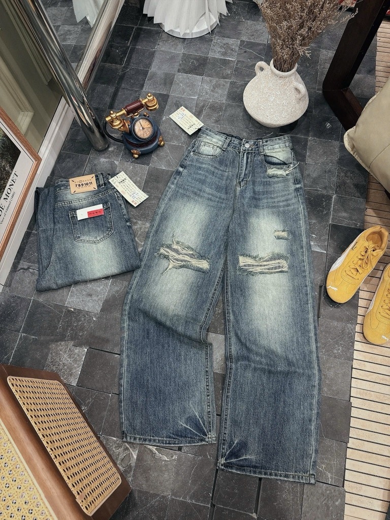 Quần jean suông wash rách - 6090