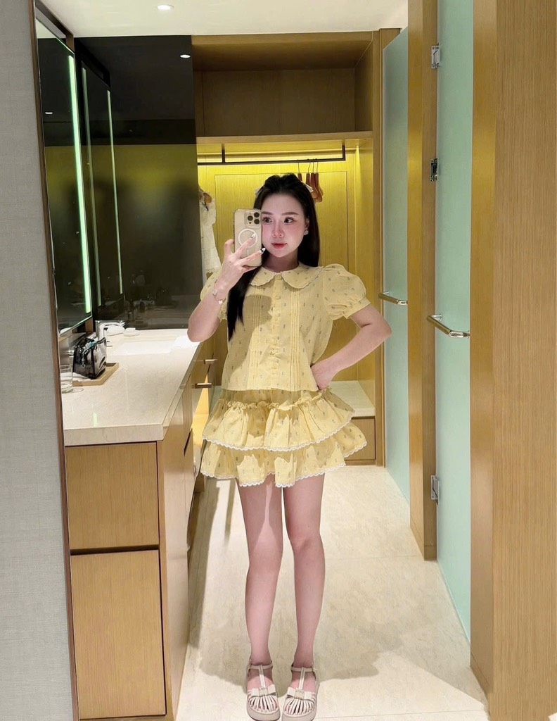 Set hoa nhí cổ sen chân váy - Xanh S