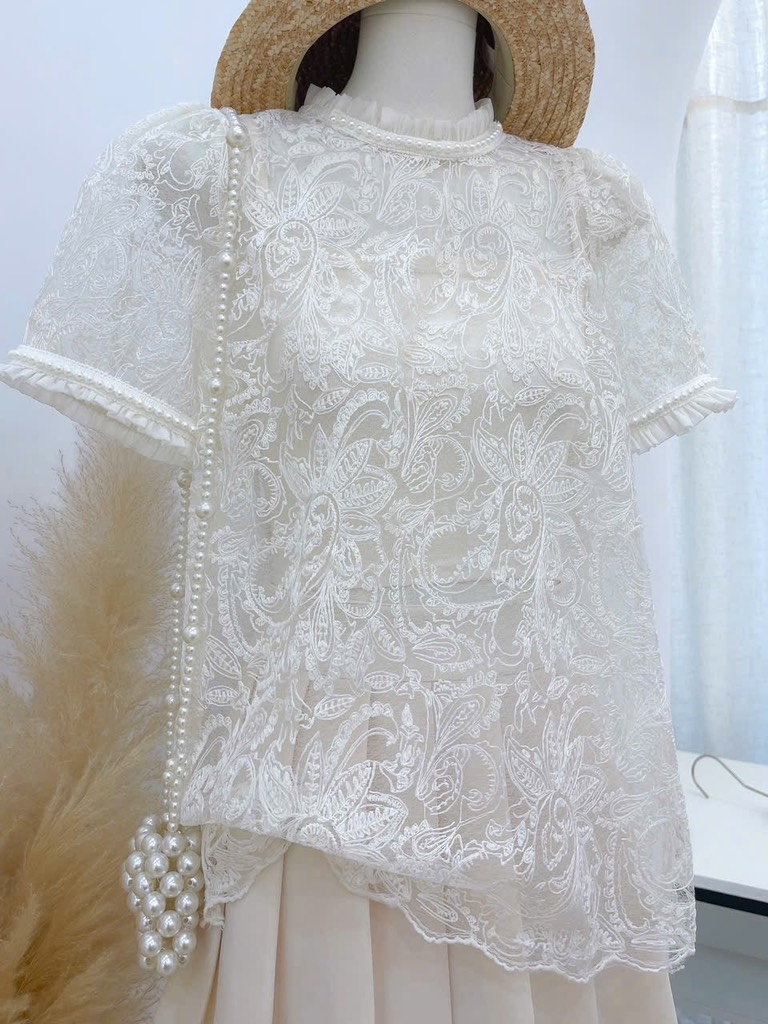 Set ren áo cổ tròn chân váy xếp
