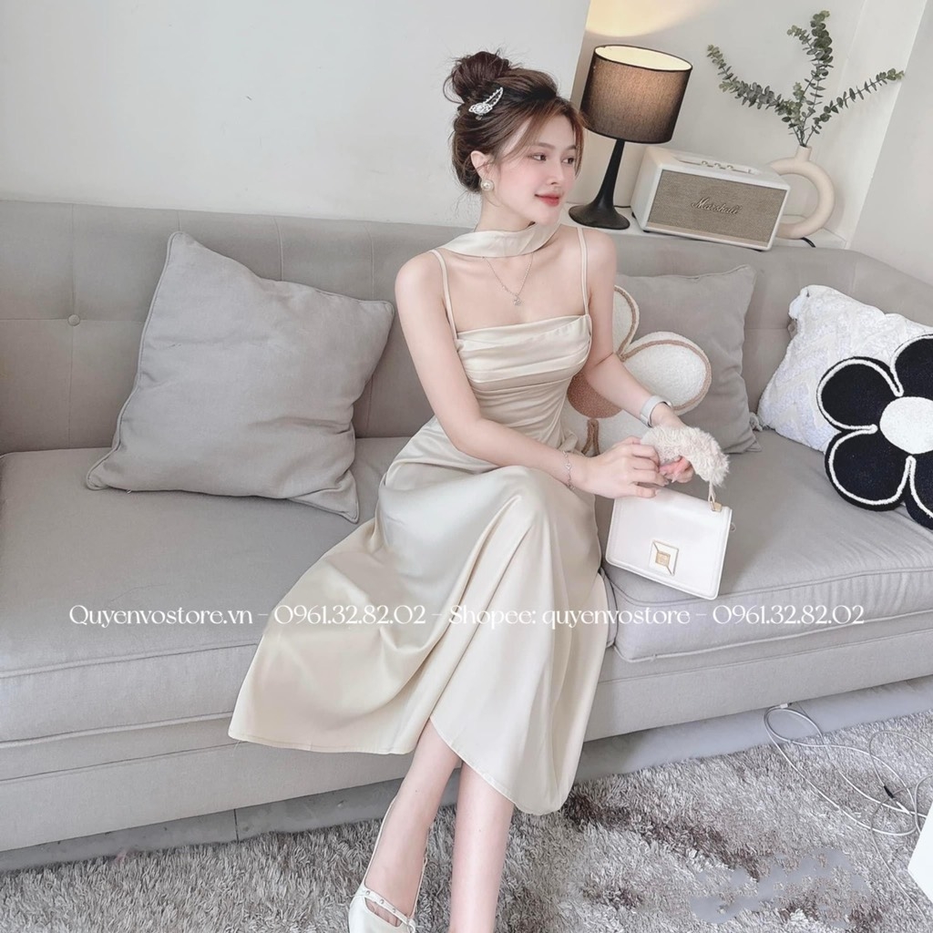 Đầm lụa 2 dây đáp cổ li ngực