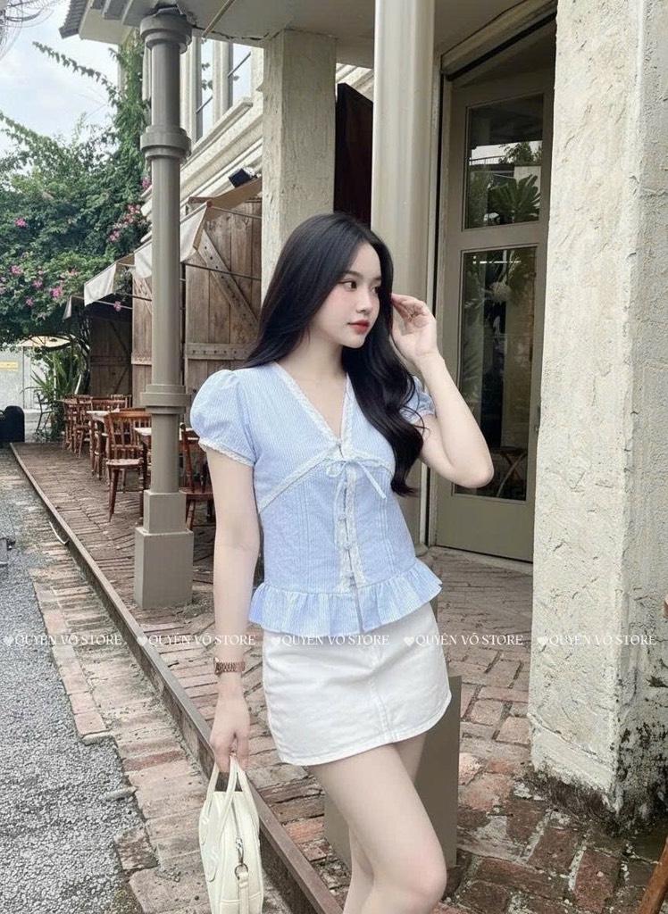 Áo sơ mi babydoll viền ren sọc - Xanh 1445