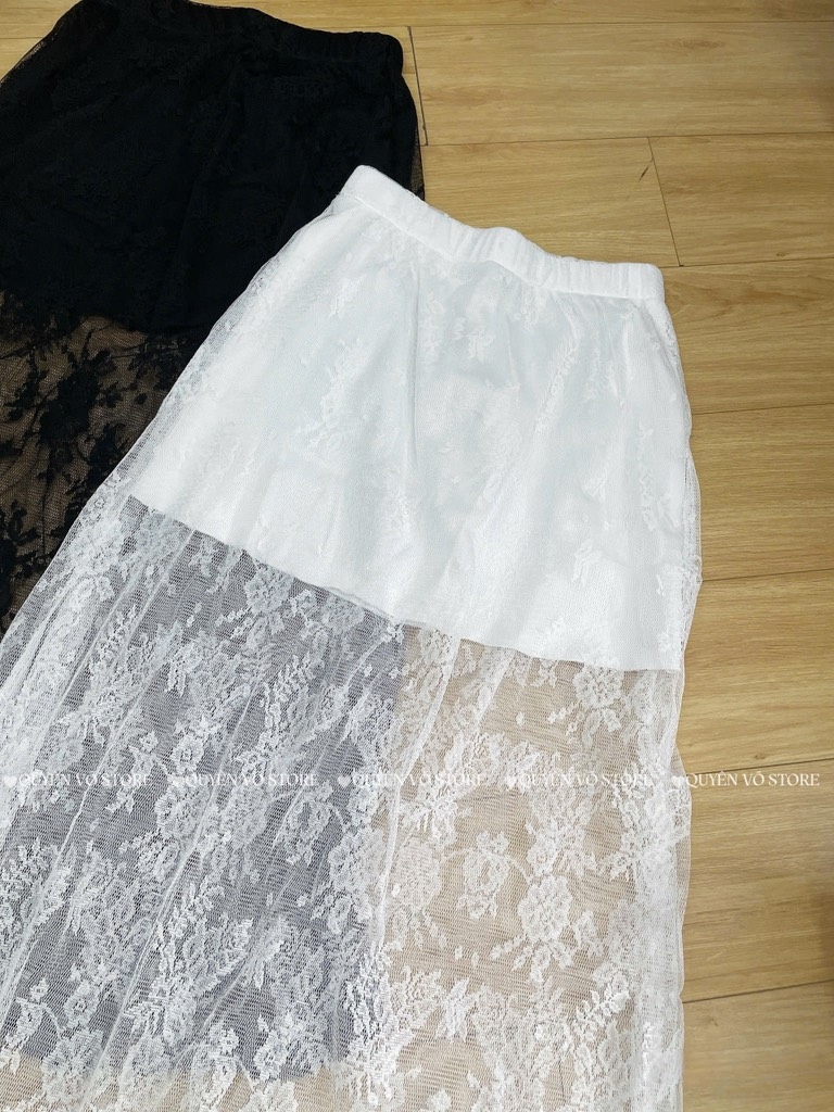 Chân váy ren xòe A dáng dài - Trắng