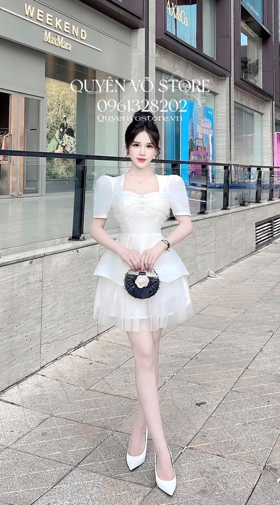 Đầm tafta tầng voan lai - Trắng
