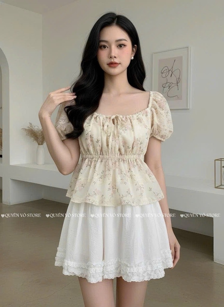 Áo nhún cổ vuông - Hoa hồng