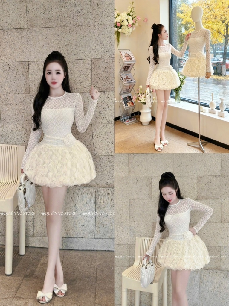 Đầm ren cổ tròn tay dài - Kem