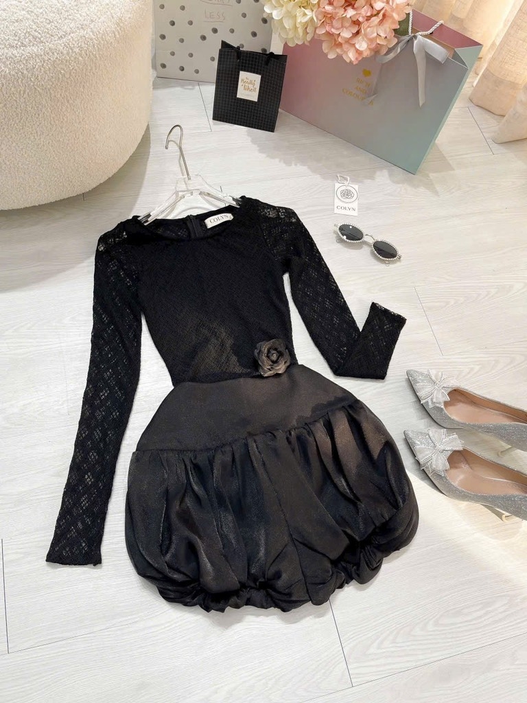 Set ren tay dài bodysuit chân váy bồng bềnh - S
