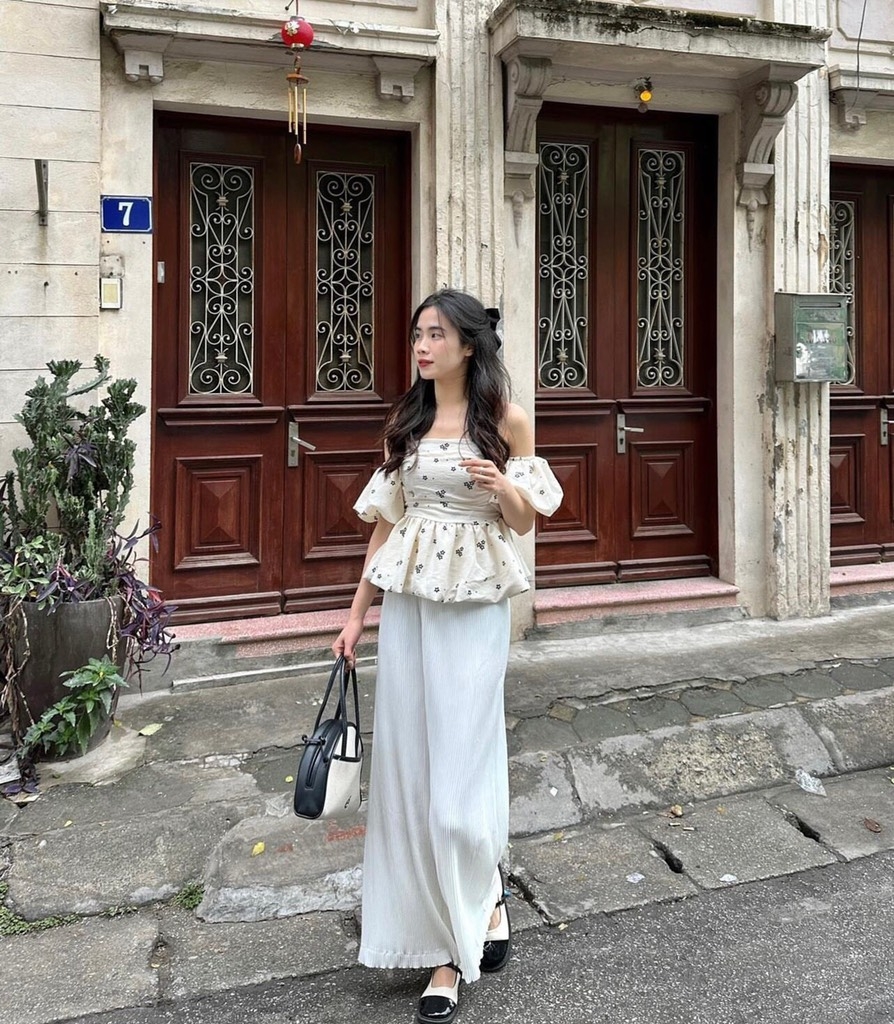 Set áo babydoll hoa trễ vai