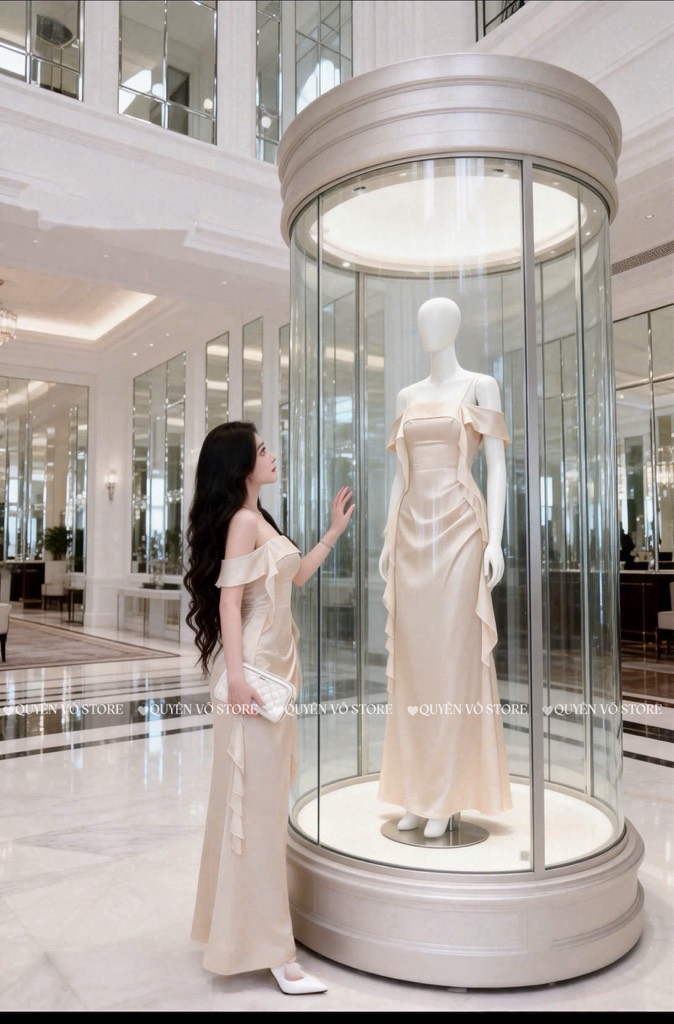 Đầm lụa 2 dây trễ vai - Kem