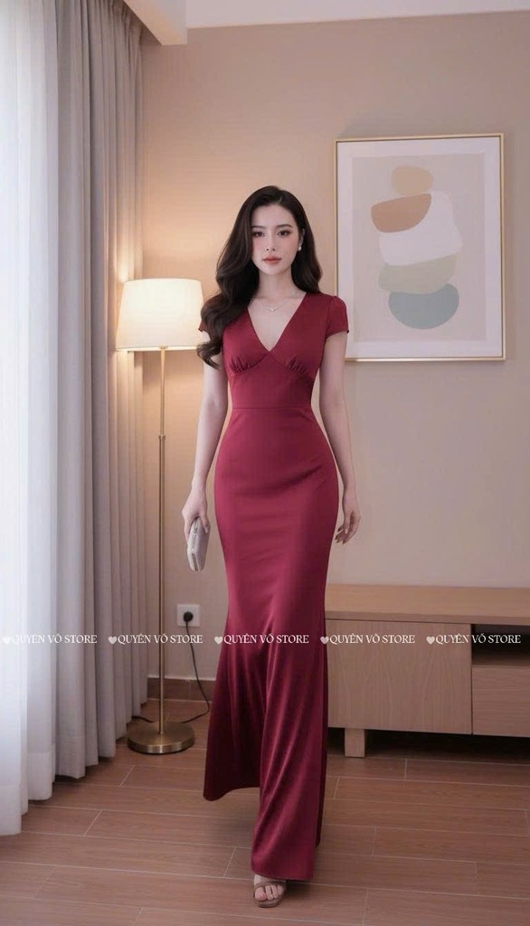 Đầm lụa cổ V - Đỏ