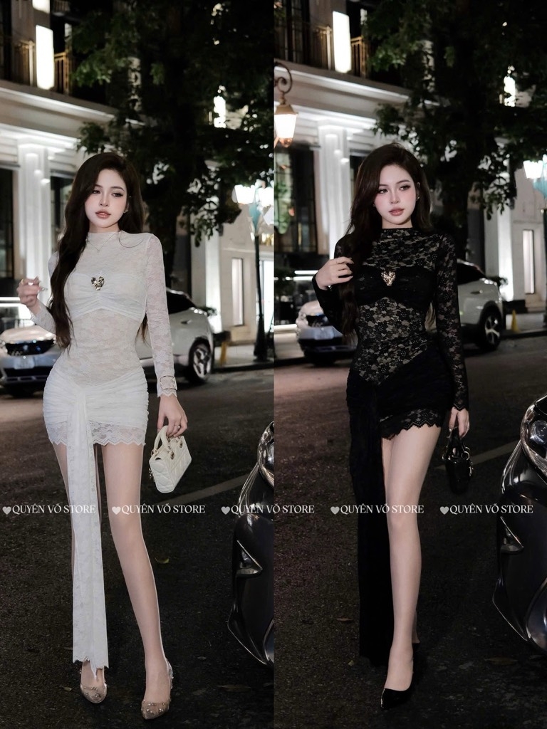 Đầm ôm body ren cổ cao - Trắng