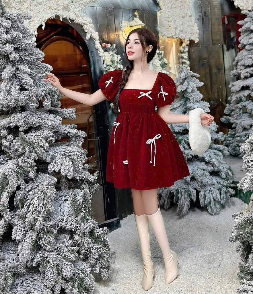 Đầm Babydoll nhung đỏ kim sa