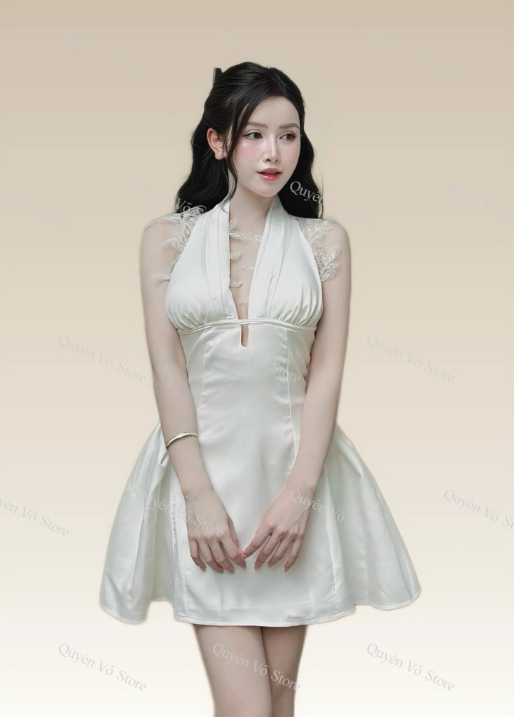 Đầm yếm phối ren lưng - Trắng