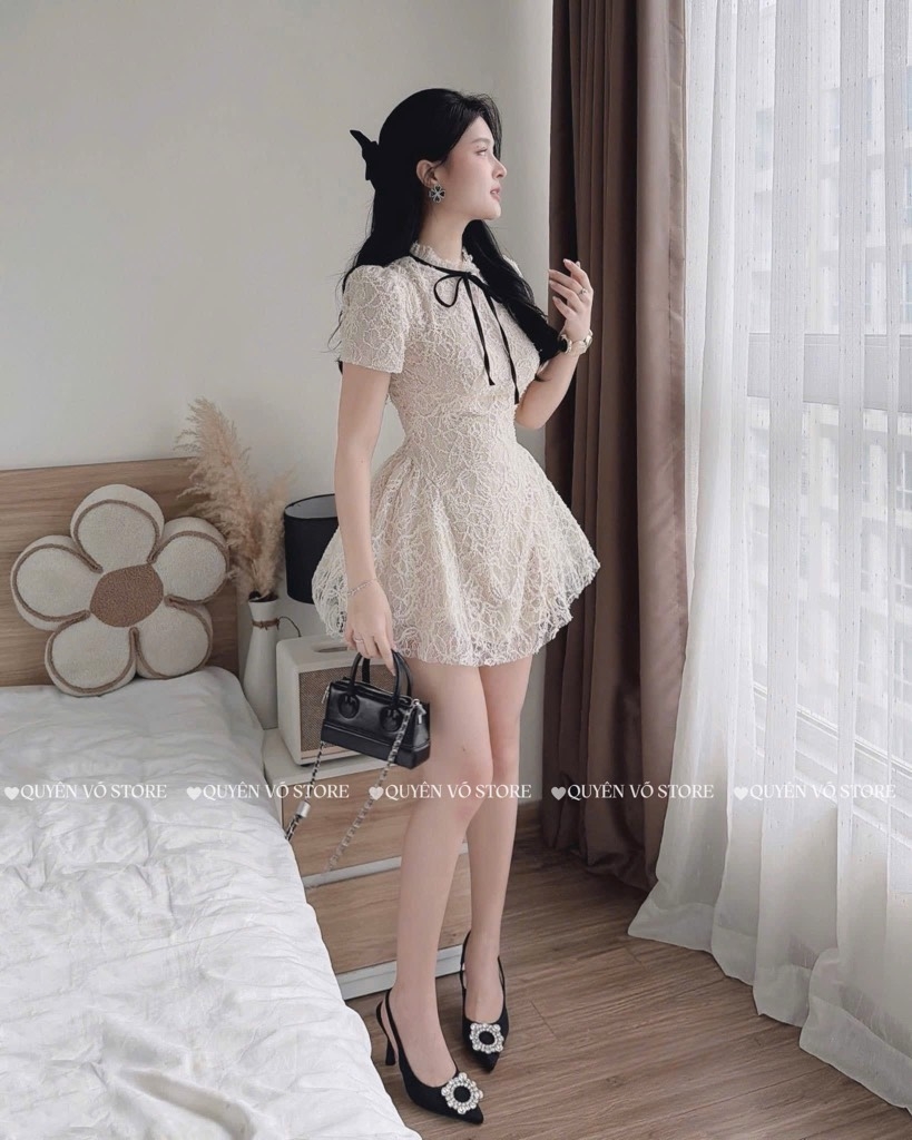 Đầm ren nơ cổ tiểu thư