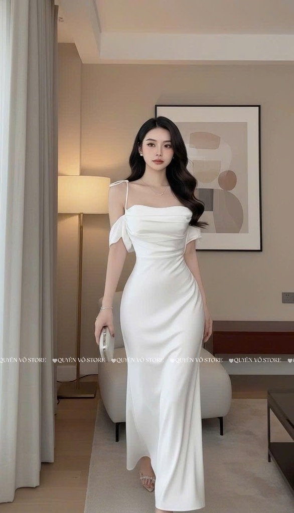 Đầm lụa trễ vai cột dây - TRẮNG