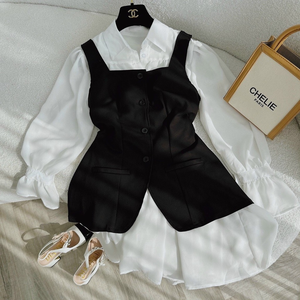 Set đầm sơ mi kèm gile