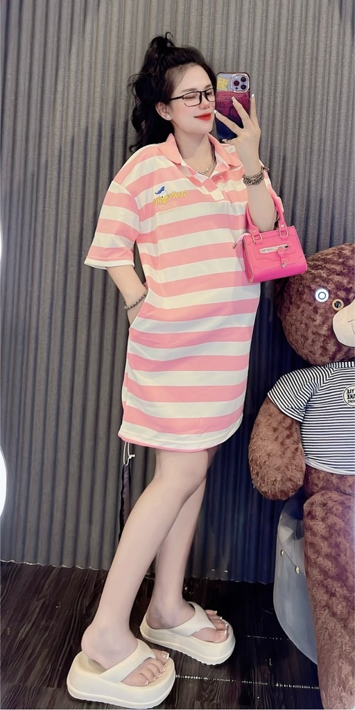 Đầm thun sọc cổ sơ mi