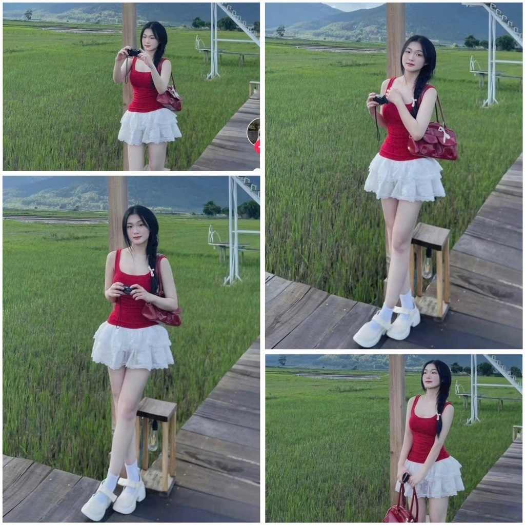 Set áo gân đỏ chân váy tơ 2 tầng