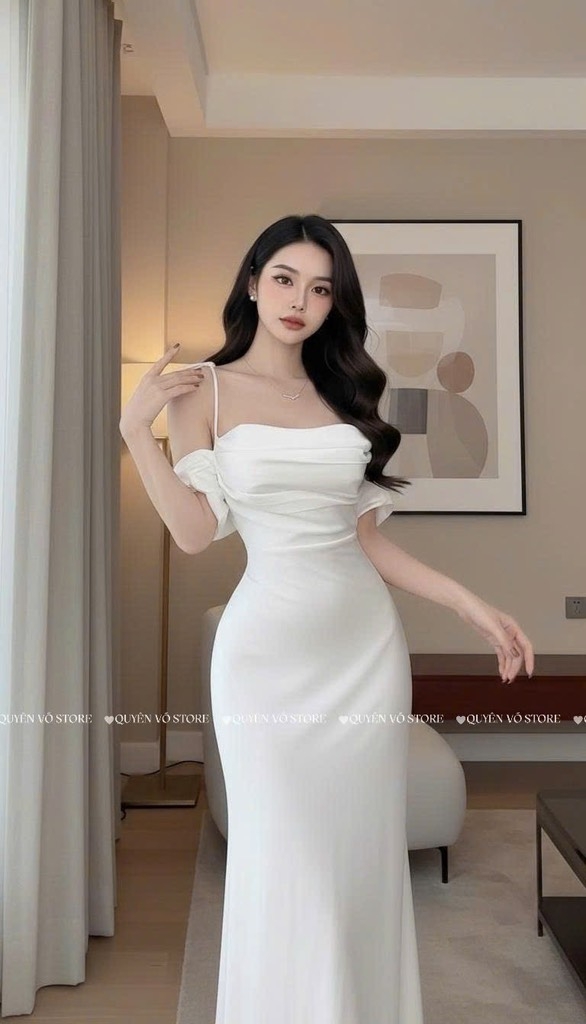 Đầm lụa trễ vai cột dây - TRẮNG