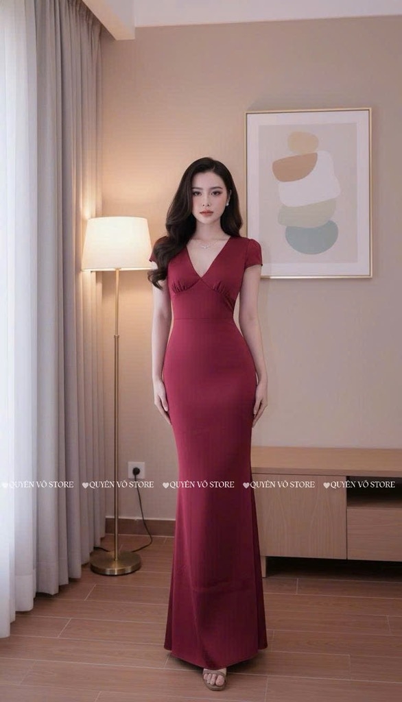 Đầm lụa cổ V - Đỏ