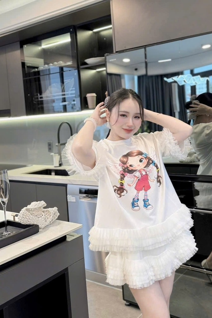 Đầm suông lai voan cô gái - trắng