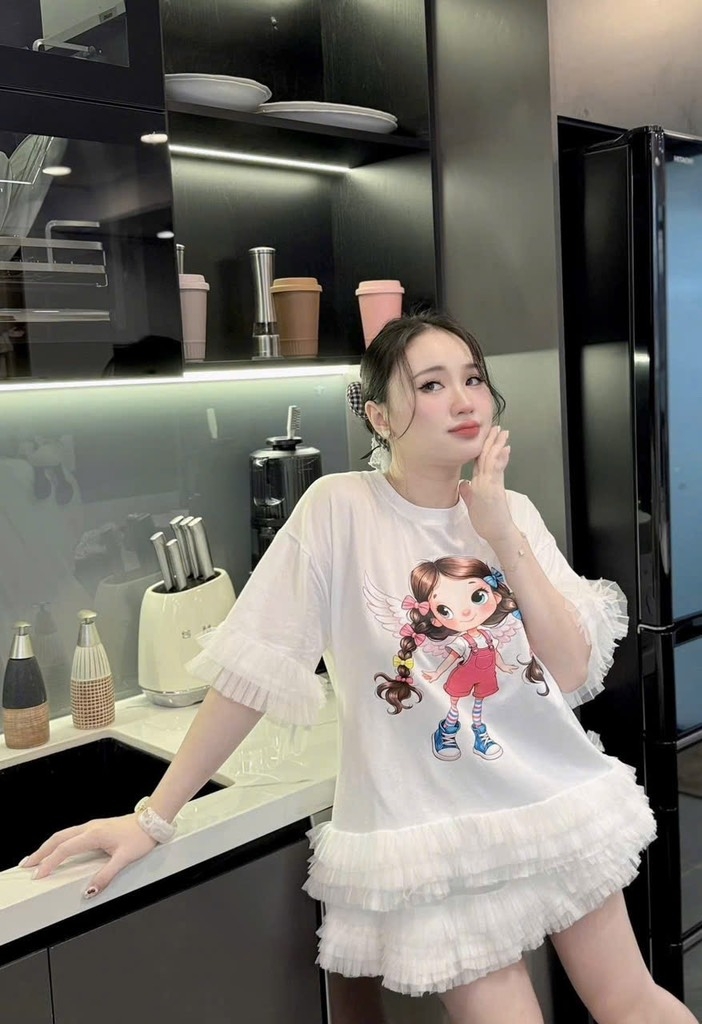 Đầm suông lai voan cô gái - trắng