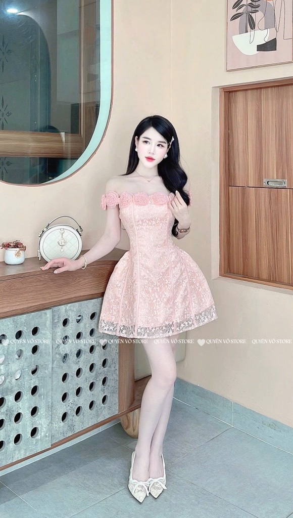 Đầm hoa trễ vai - Hồng