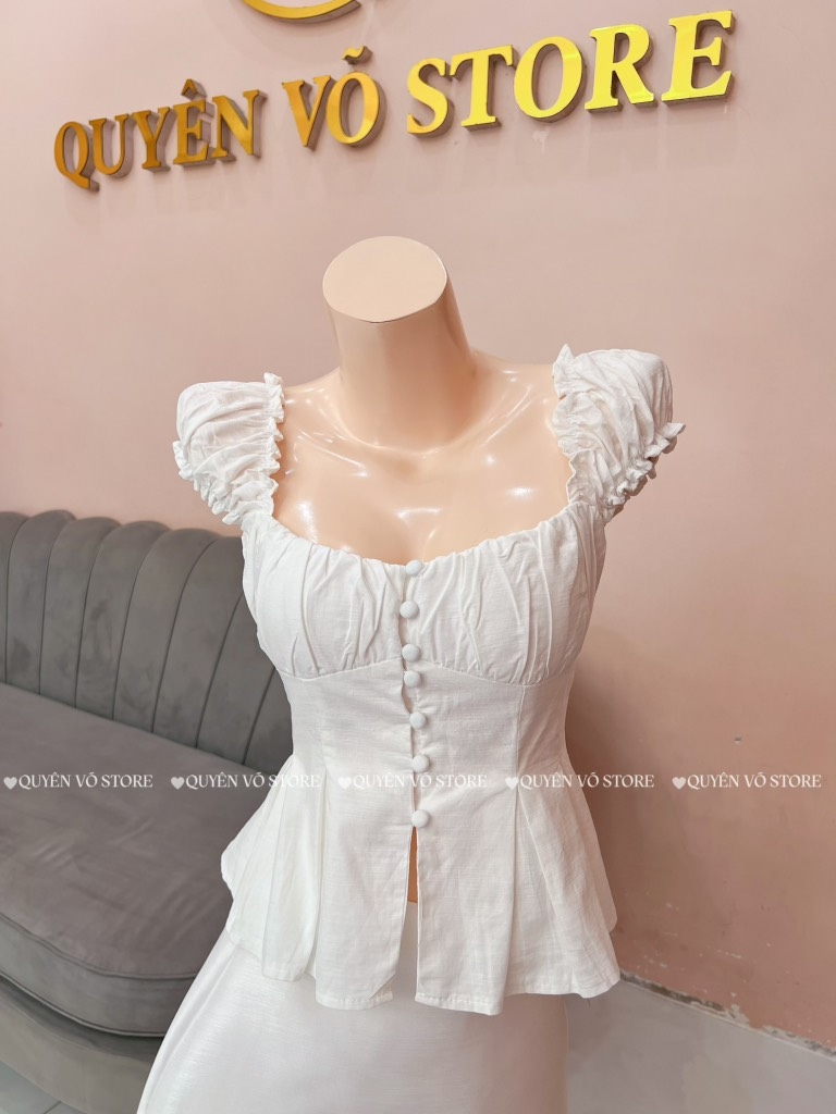 Áo ôm babydoll nút bọc - TRƠN TRẮNG