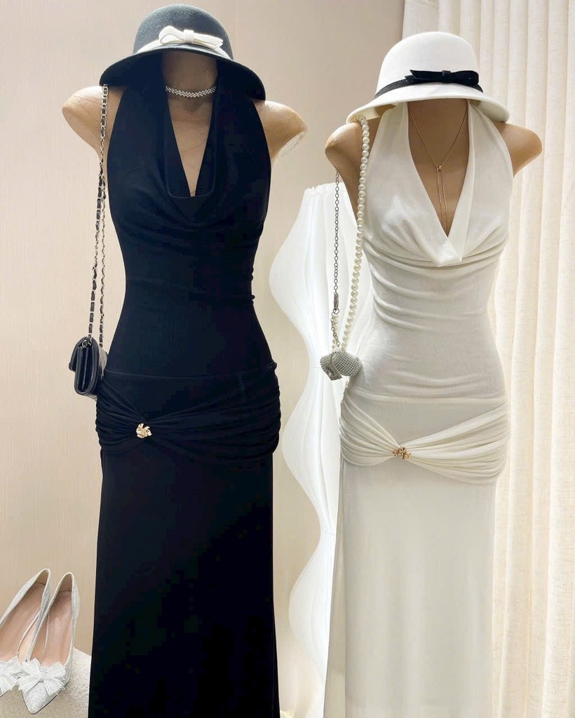 Đầm ôm body maxi thun ánh kim cổ đỗ trước