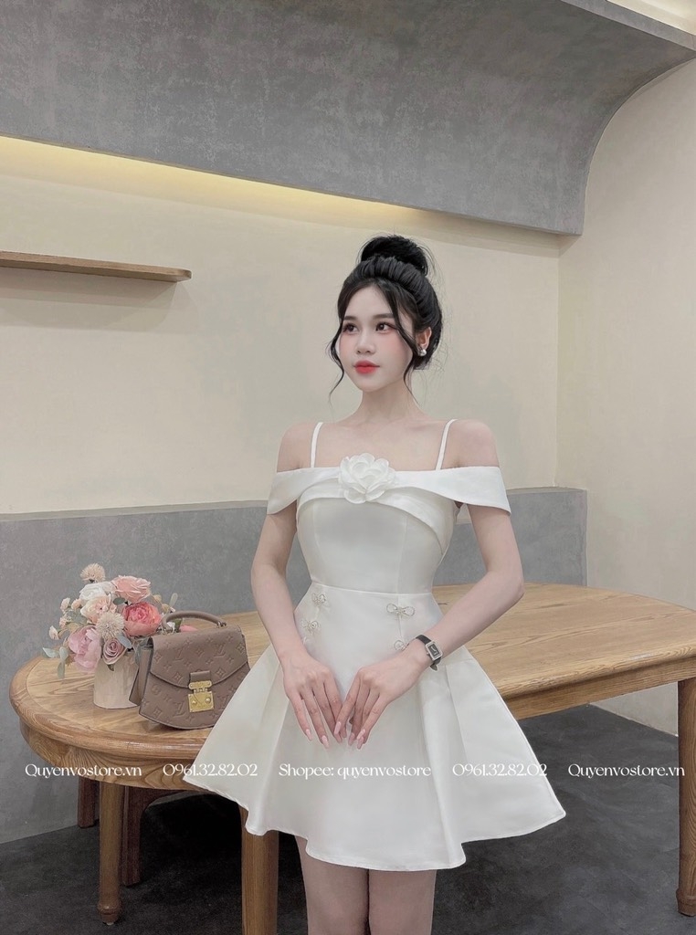 Đầm tafta 2 dây trễ vai