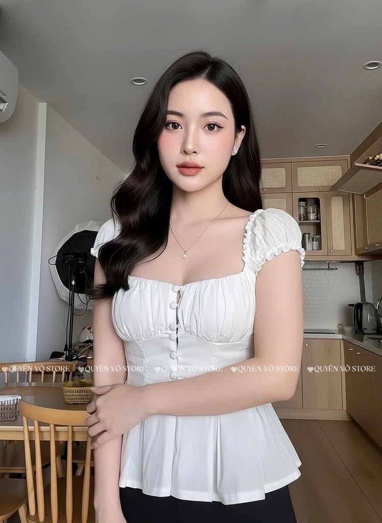Áo ôm babydoll nút bọc - TRƠN TRẮNG