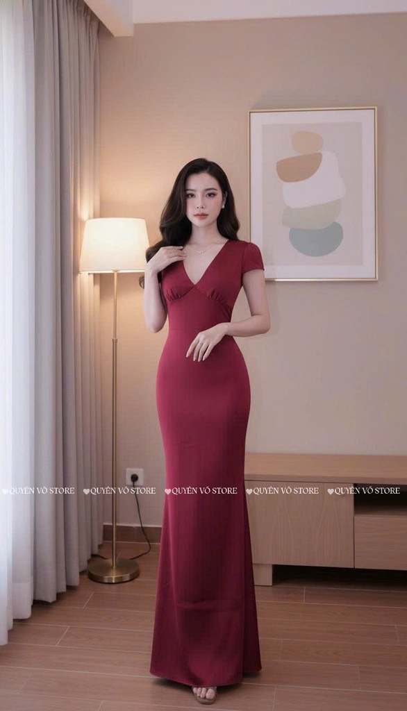 Đầm lụa cổ V - Đỏ