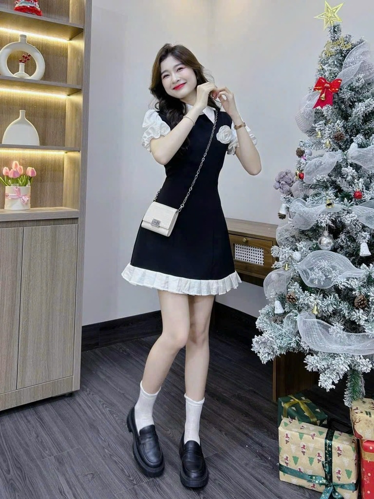 Đầm đen phối cổ sơ mi trắng