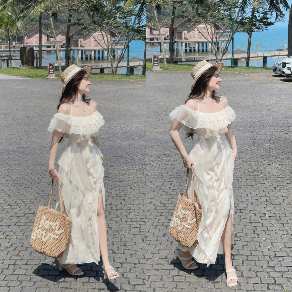 Đầm midi trễ vai kem