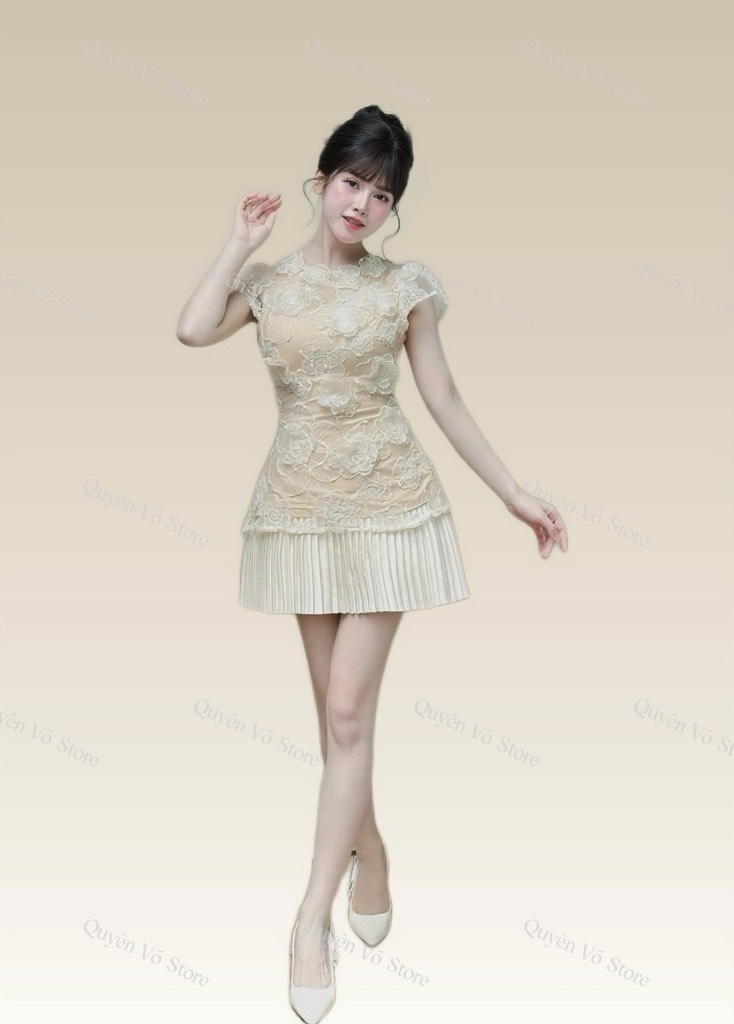 Set áo ren chân váy dập li