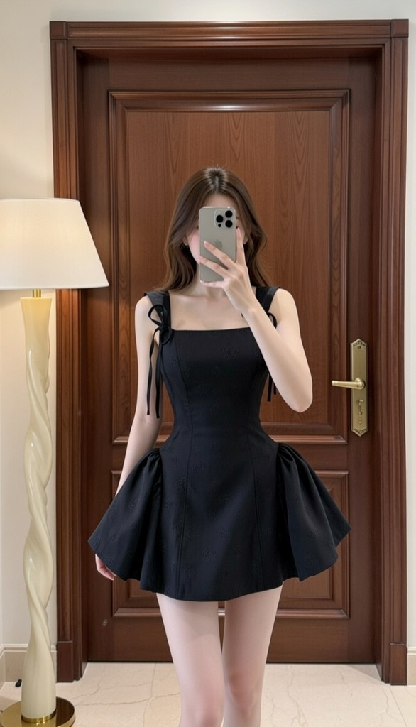 Đầm 2 dây bản cột nơ - Đen