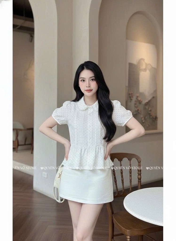 Áo sơ mi babydoll viền bi - Trắng 1465