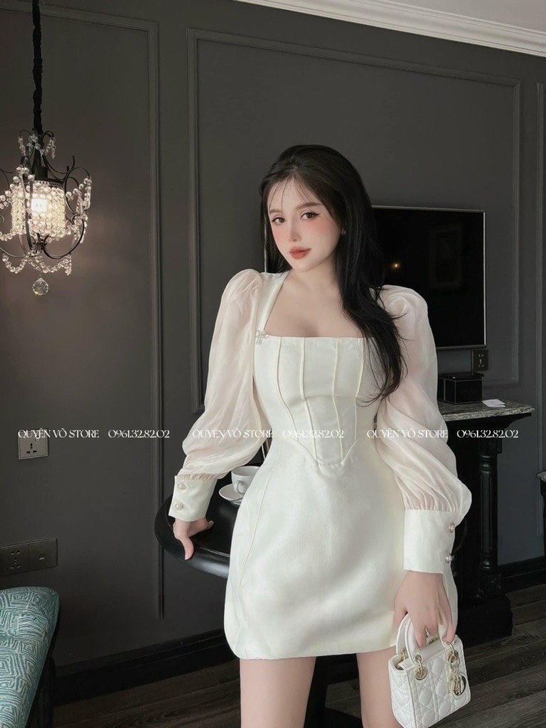 Đầm vuông tay phồng đính nơ đá - Đen - M eo 72