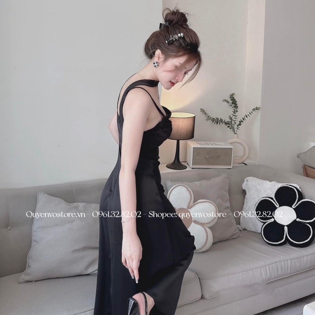 Đầm lụa 2 dây đáp cổ li ngực