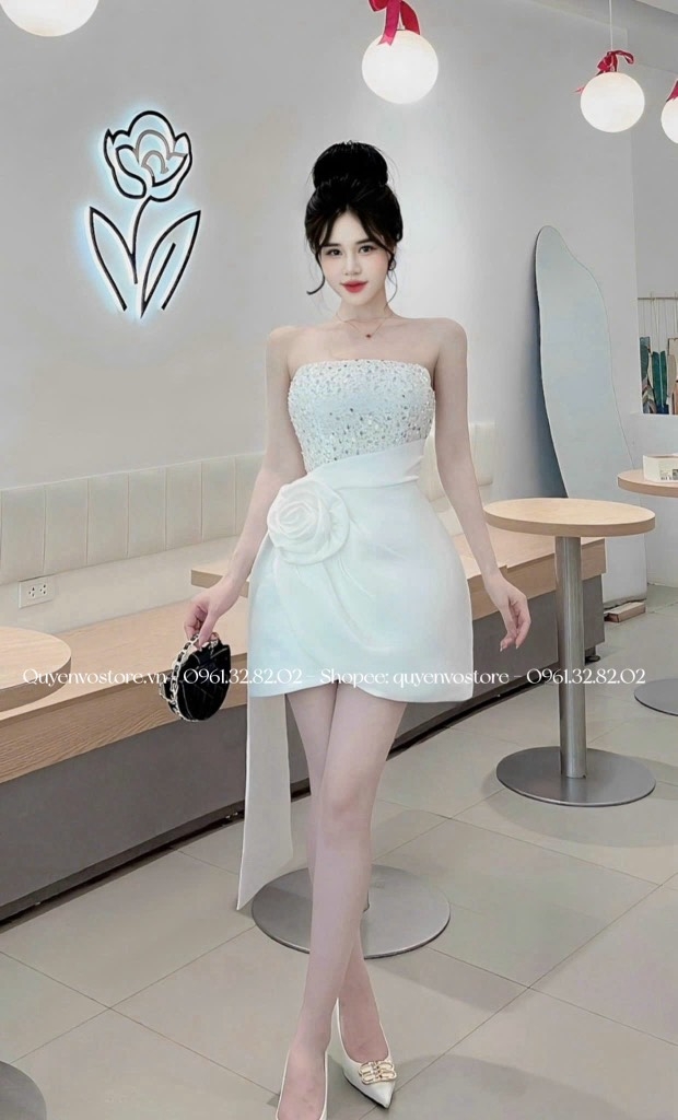 Đầm cúp ngực kim sa hoa hồng - S