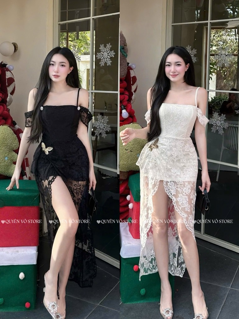 Đầm ren ôm body trễ vai - Kem