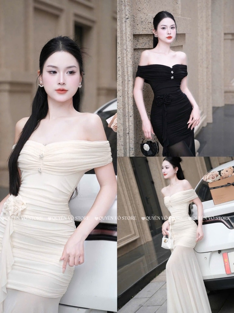 Đầm ôm body trễ vai đá ngực - Kem