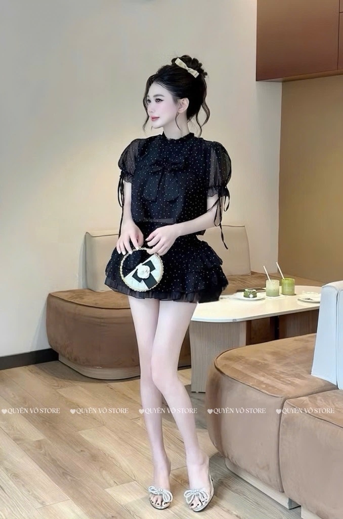 Set chấm bi nơ tiểu thư - Đen