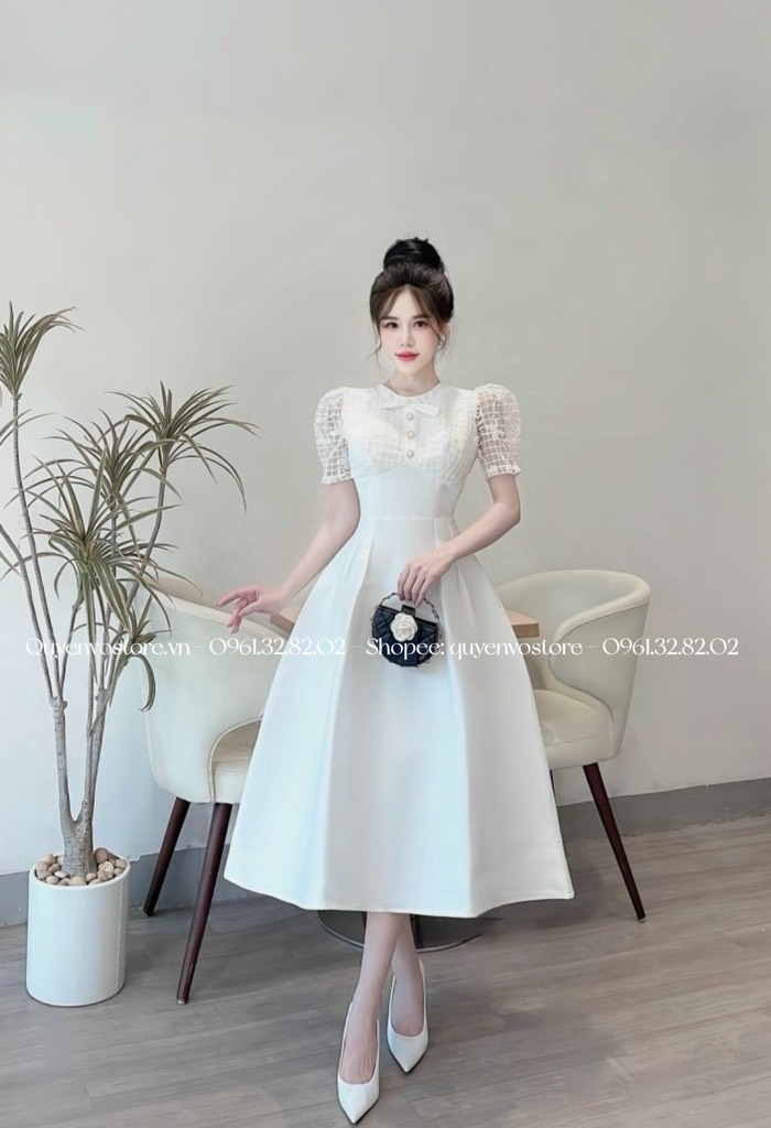 Đầm tafta phối ren ngực