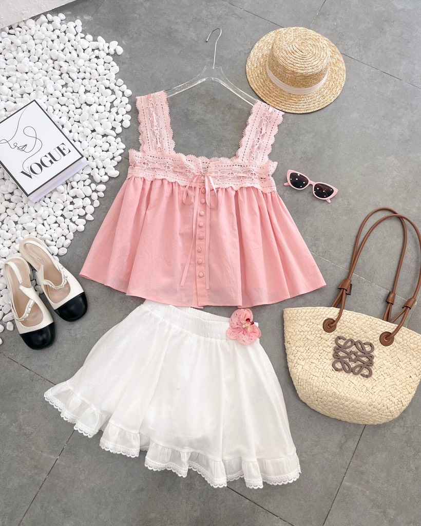 Set Babydoll áo ren hồng chân váy xòe  - S eo 64