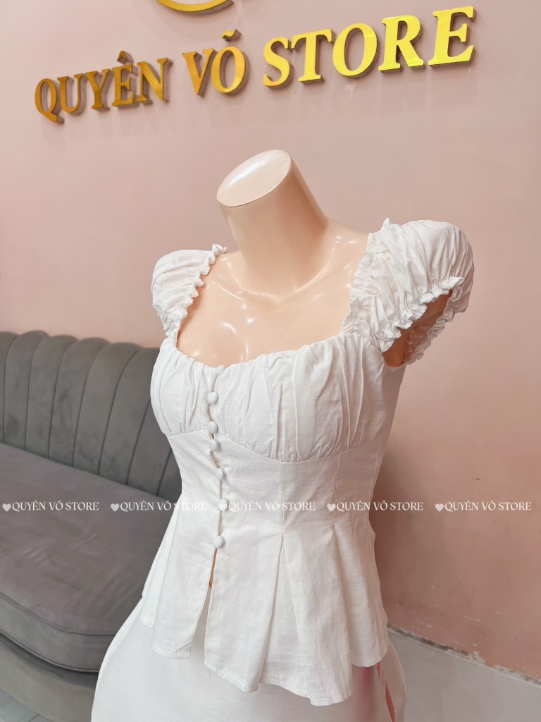Áo ôm babydoll nút bọc - TRƠN TRẮNG